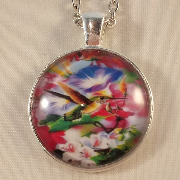 Silver Hummingbird Flowers Cabochon Pendant Chain Necklace Gift - Picture 2 of 3